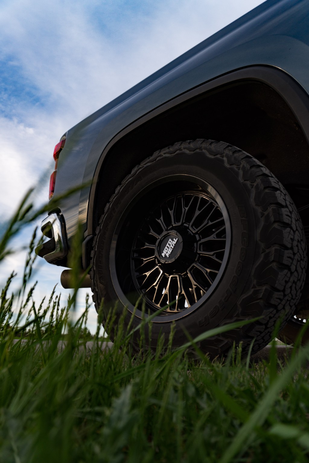 Low angle truck wheel detail photo